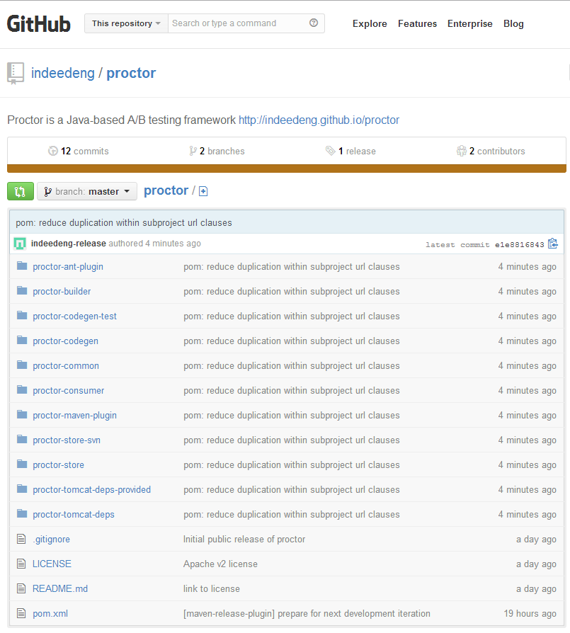Screenshot of indeedeng/proctor on GitHub, displaying various folders and files, including a README and Apache v2 license